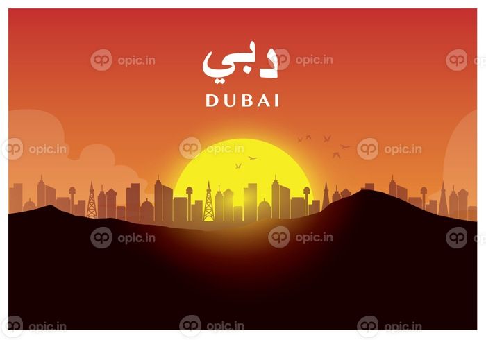 دانلود وکتور پوستر تصویرسازی دبی با سیلوئت منظره شهری در دسر