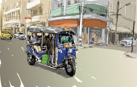 دانلود وکتور طرح دستی حمل و نقل خودکار ریکشا در تصویر برداری پس زمینه شهر