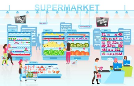 دانلود وکتور سوپر مارکت داخلی تخت تصویر برداری وکتور مردم در حال خرید