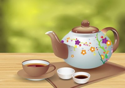 دانلود وکتور تصویر واقع گرایانه زیبا از زمان چای با قوری تزئینی