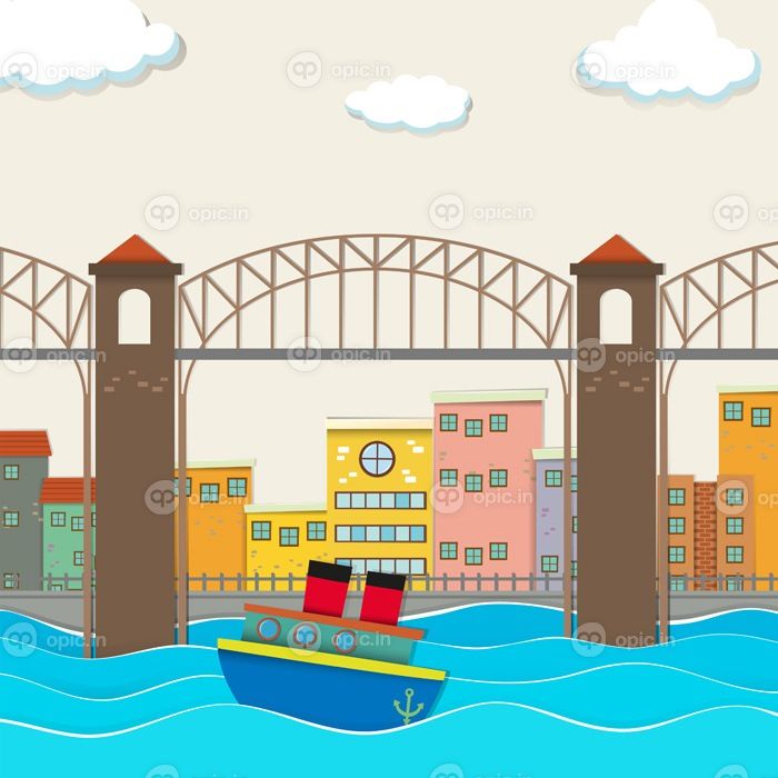 دانلود وکتور نمای شهر با تصویر پل و قایق