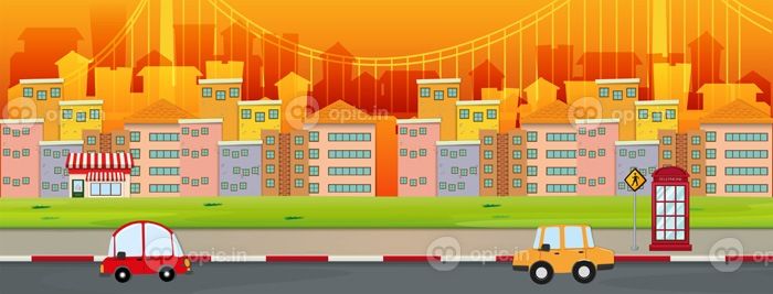 دانلود وکتور صحنه شهر با ساختمان ها و ماشین ها در جاده تصویر