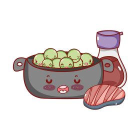 دانلود وکتور Kawaii پخت و پز نخود فرنگی گوشت و غذای Sake ژاپنی کارتون ژاپنی تصویر وکتور سوشی و رول