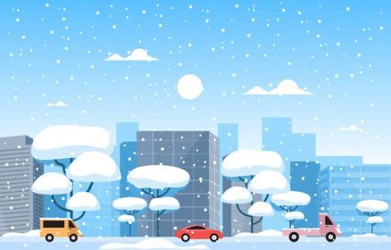 دانلود وکتور شهر برفی و ماشین در زمستان