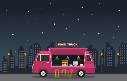 دانلود وکتور کامیون غذا پارک شده در شهر در شب