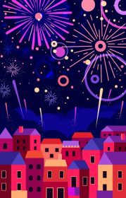 دانلود وکتور آتش بازی های رنگارنگ در آسمان شب در روستا