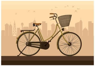 دانلود وکتور تصویر دوچرخه قدیمی قدیمی با پس زمینه خط افق شهر