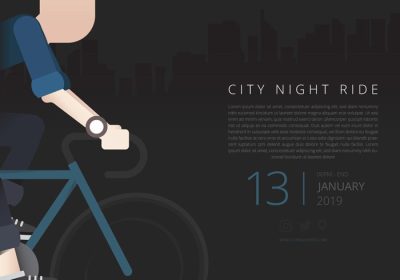 دانلود وکتور طرح وکتور تبلیغات رویداد دوچرخه سوار با منظره شهری در شب رویداد سالم شیوه زندگی شهری شب سواری دنده ثابت هیپستر