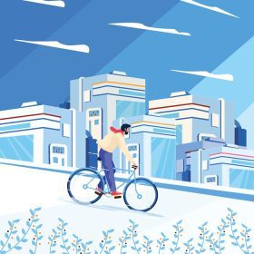 دانلود وکتور مرد دوچرخه سوار با مفهوم ساختمان های شهر آینده نگر