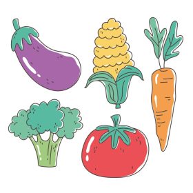 دانلود وکتور غذای سالم رژیم غذایی بادمجان ارگانیک گوجه فرنگی هویج ذرت و کلم بروکلی نمادهای وکتور سبزیجات