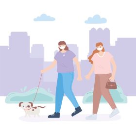 دانلود وکتور افراد با ماسک صورت پزشکی دختر با کیف و زن با سگ فعالیت شهر در طول تصویر برداری وکتور کرونا