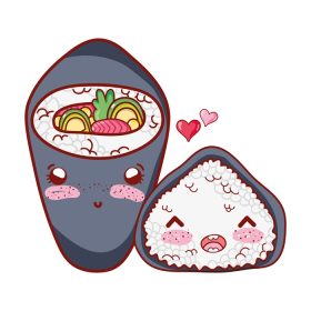 دانلود وکتور kawaii تمکی و رول برنج عشق غذای ژاپنی کارتون تصویر وکتور سوشی و رول