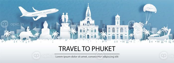 دانلود وکتور تبلیغات مسافرتی با مفهوم سفر به پوکت تایلند با نمای پانوراما از خط افق شهر و نقاط دیدنی معروف جهان به سبک کاغذ برش