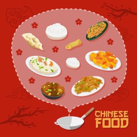 دانلود وکتور پوستر کارتونی غذای چینی با ظروف مختلف در پس زمینه قرمز