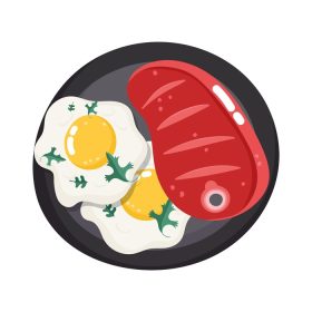 دانلود وکتور غذا منو شام کارتونی تازه استیک گوشت گاو و تخم مرغ سرخ شده در تصویر وکتور ظرف