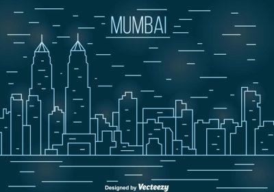 دانلود تصویر برداری از منظره شهری بمبئی در طرح خطی در پس زمینه آبی تیره