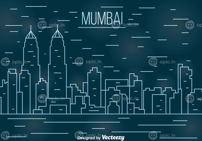 دانلود تصویر برداری از منظره شهری بمبئی در طرح خطی در پس زمینه آبی تیره