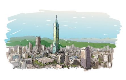 دانلود وکتور طرح رنگی طراحی شده با دست از منظره شهری تایوان با تصویر برداری آسمان خراش ها