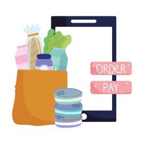 دانلود وکتور آنلاین بازار گوشی هوشمند کیسه کاغذی سفارش دکمه پرداخت تحویل غذا در فروشگاه مواد غذایی وکتور تصویر
