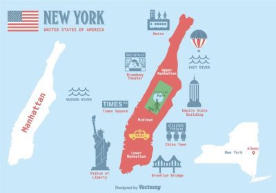 دانلود وکتور رایگان تصویر برداری از نقشه منهتن با نمادهای نقطه عطف نیویورک خالی منهتن و نقشه نیویورک
