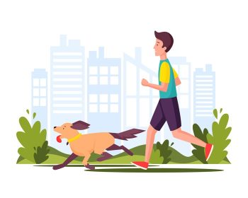 دانلود وکتور مرد در حال دویدن یا راه رفتن با سگ در پارک دویدن ورزشی با