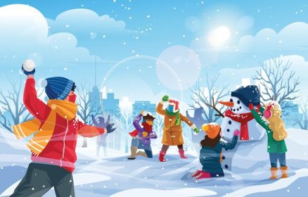 دانلود وکتور سرزمین عجایب زمستانی با بچه ها در حال بازی برف مفهوم پس زمینه