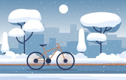 دانلود وکتور صحنه دنج زمستانی برفی در شهر با ساختمان درختان و دوچرخه