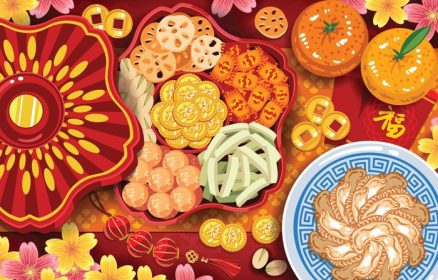 دانلود تصویر برداری از غذاهای سال نو چینی نشان دادن یک جعبه آب نبات قرمز با آب نبات های مختلف پسته شیرینی میوه های پرتقالی سکه طلایی شکلات و پیراشکی همچنین با قرمز سال نو چینی