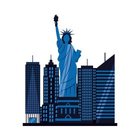 دانلود وکتور طرح وکتور مجسمه آزادی آمریکا در مقابل ساختمان های شهر