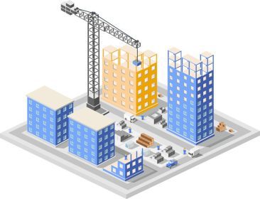 دانلود وکتور ایزومتریک ساخت و ساز صنعتی در آسمان خراش های شهر بزرگ در حال ساخت خانه ها و ساختمان ها
