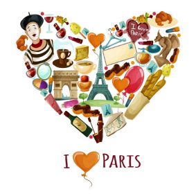 دانلود وکتور پوستر پاریس با نمادهای کارتونی توریستی به شکل قلب