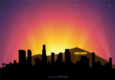 دانلود وکتور رایگان تصویر برداری از هالیوود در غروب خورشید با خط افق و نورافکن در آسمان
