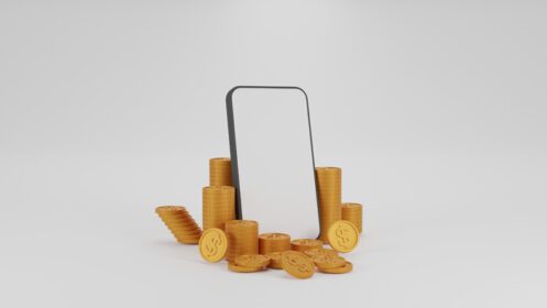 دانلود عکس رندر سه بعدی سکه انباشته در اطراف تلفن همراه خالی سفید