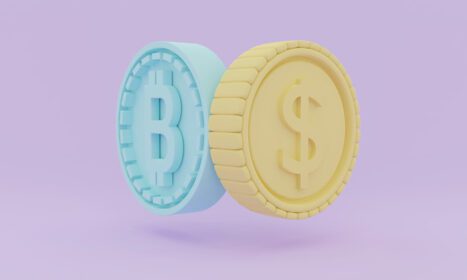 دانلود عکس رندر سه بعدی سکه با نماد بیت کوین در مقابل سکه با دلار