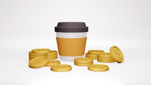 دانلود عکس مفهوم رندر سه بعدی مالی یک فنجان قهوه و خیلی