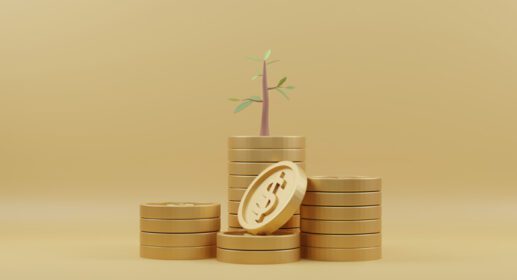 دانلود عکس رندر سه بعدی پشته سکه های طلایی با درختان روی زرد
