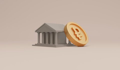 دانلود عکس رندر سه بعدی نماد روبل روسیه روی سکه تکیه بر بانک