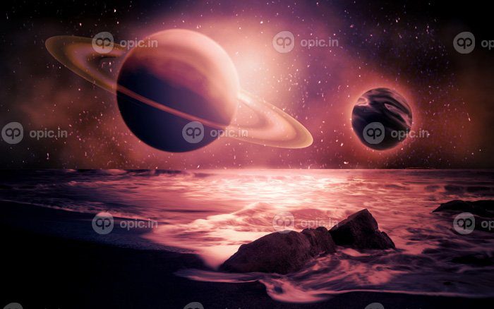 دانلود عکس پس زمینه زیبای طبیعت فانتزی با دریا و سیارات