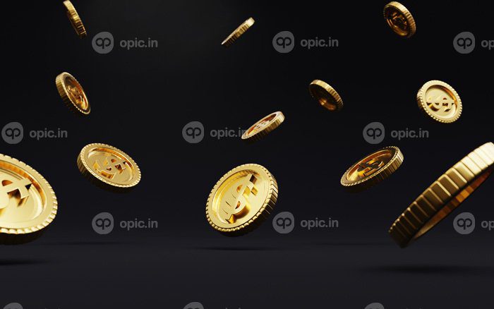 دانلود عکس نزدیک از سکه های USD طلایی که در پس زمینه تیره افتاده است