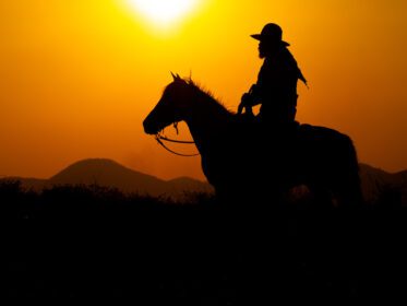 دانلود عکس کابوی های غربی سوار بر اسب زیر آفتاب نشسته اند و