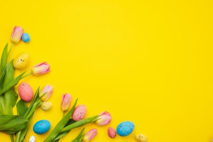 دانلود عکس لاله ها و تخم مرغ های رنگارنگ در گوشه ای در عید پاک زرد