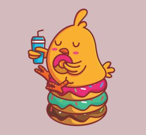 دانلود لوگوی جوجه های بامزه در حال خوردن دونات پره و نوشیدنی کولا حیوانی تخت