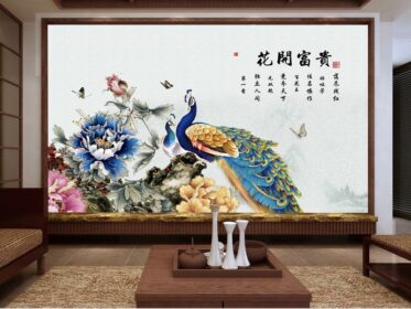 دانلود طرح کاغذ دیواری چینی گل و پرنده گل صد تومانی طاووس پروانه تلویزیون پس زمینه سفارشی سازی دیوار