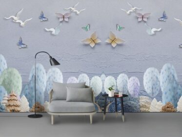 دانلود طرح کاغذ دیواری مدرن زیبای جنگلی پروانه در حال پرواز پرنده دیوار پس زمینه تلویزیون