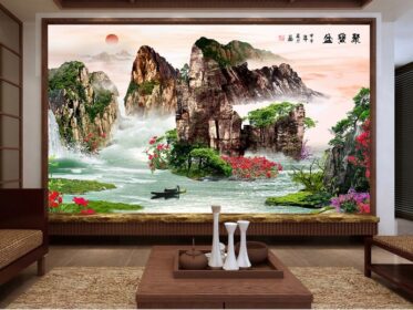 دانلود طرح کاغذ دیواری نقاشی چینی قرنیز کوهی دیوار پس زمینه آب