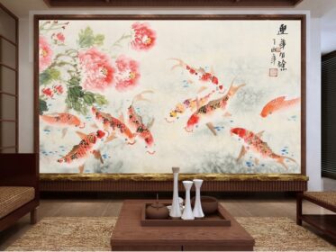 دانلود طرح کاغذ دیواری به سبک چینی جوهر قلم جوهر نقاشی شده با دست نقاشی نه ماهی تصویر پس زمینه دیوار