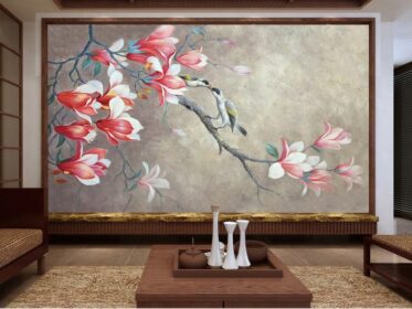 دانلود طرح کاغذ دیواری به سبک چینی نقاشی رنگ و روغن با پس زمینه گل و پرندگان ماگنولیا دیوار