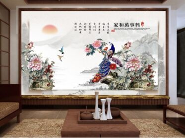 دانلود کاغذ دیواری طرح جدید به سبک چینی زیبای طاووس گل صد تومانی شعر دیوار پس زمینه تلویزیون سفارشی