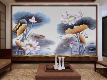 دانلود طرح کاغذ دیواری به سبک چینی با جوهر نقاشی شده با جوهر دیوار پس زمینه حوض نیلوفر آبی