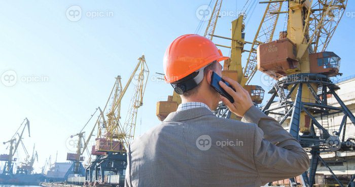 دانلود عکس کارگر مرد جوان بندر دریایی با کلاه ایمنی مدیر بار در